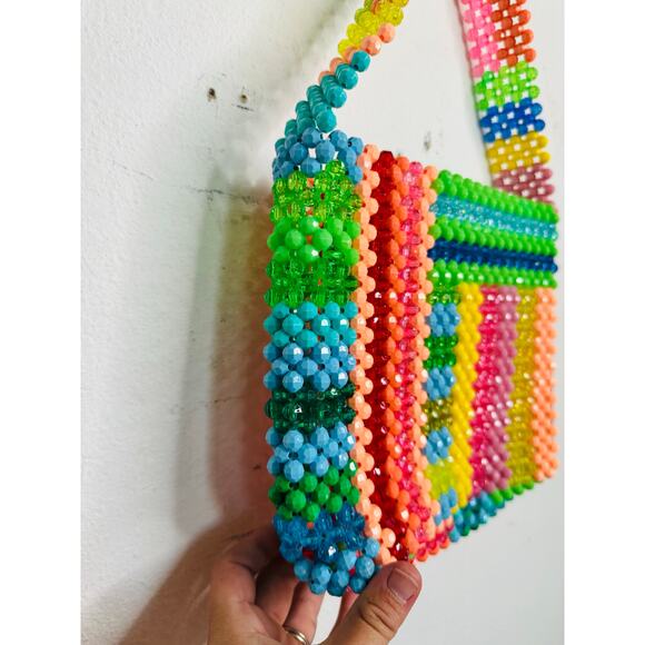 SUSAN ALEXANDRA Rainbow Colorful Beaded Beautiful Geometric Top Handle Bag - Picture 8 of 16